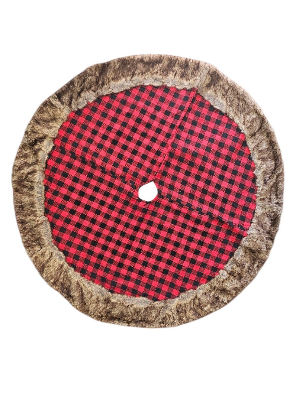 48" Hobby Lobby Red and Black Buffalo Plaid Faux Fur Trim Christmas Tree Skirt